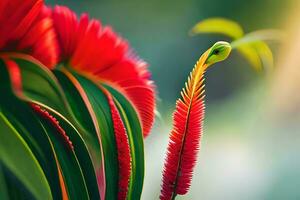 a red flower is in the foreground of a green plant. AI-Generated photo