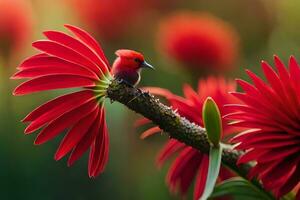 a red bird perched on a stem of red flowers. AI-Generated photo