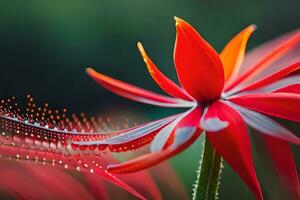 un cerca arriba de un rojo flor con agua gotas. generado por ai foto