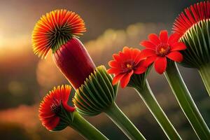 red flowers are in a vase with a sun setting behind them. AI-Generated photo