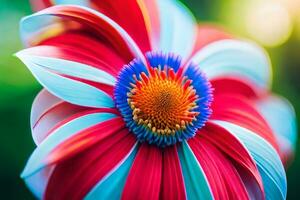 un cerca arriba de un rojo y azul flor. generado por ai foto