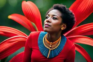 a woman with a red dress and necklace standing in front of a large flower. AI-Generated photo