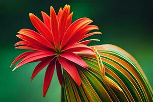 a red flower is sitting on top of a green plant. AI-Generated photo
