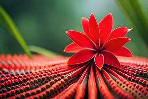 a red flower sits on top of a green plant. AI-Generated photo