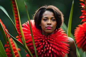 un mujer con rojo flores en su cabello. generado por ai foto