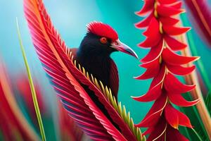 un pájaro con rojo plumas sentado en un planta. generado por ai foto