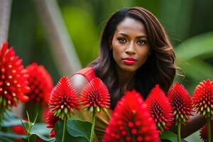 un hermosa mujer posando en frente de rojo flores generado por ai foto