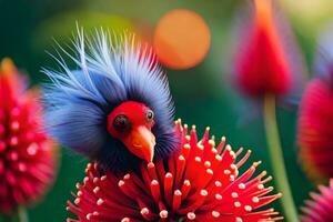 un pájaro con un rojo y azul pluma en parte superior de un flor. generado por ai foto