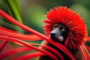 a dog wearing a red flower headdress. AI-Generated photo