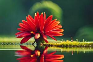 a red flower is reflected in the water. AI-Generated photo