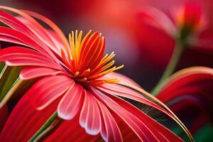 un cerca arriba de un rojo flor con amarillo centros. generado por ai foto