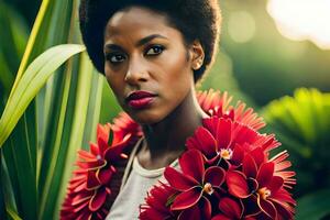 un hermosa negro mujer con rojo flores en su cabello. generado por ai foto