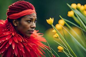 un mujer con rojo pelo y un flor tocado. generado por ai foto