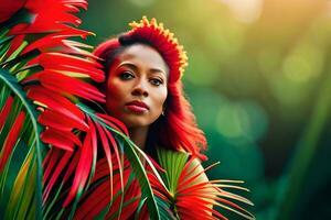 hermosa mujer con rojo pelo y rojo pelo en tropical selva. generado por ai foto