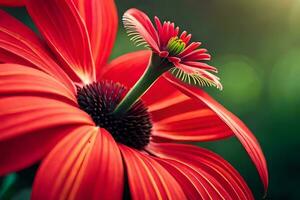 a close up of a red flower with a green background. AI-Generated photo