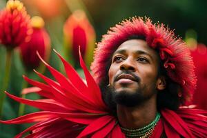 a man with red hair and a flower headdress. AI-Generated photo