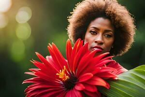 un hermosa mujer con rojo pelo participación un grande flor. generado por ai foto