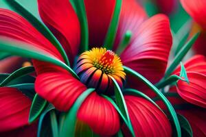 un cerca arriba de un rojo flor con verde hojas. generado por ai foto