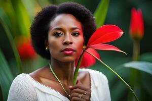 un hermosa mujer con rojo flores en su mano. generado por ai foto