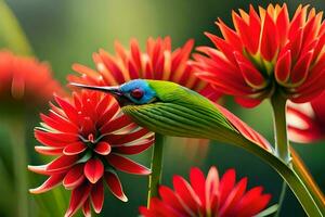 a colorful bird perched on top of red flowers. AI-Generated photo