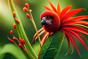 un rojo pájaro con un flor en sus cabeza. generado por ai foto