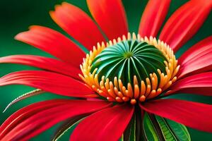 a red flower with green leaves and a yellow center. AI-Generated photo
