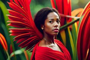 un mujer en rojo vestir con grande rojo plumas. generado por ai foto