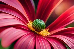 un cerca arriba de un rojo flor con un verde centro. generado por ai foto