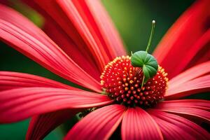 a close up of a red flower with a green leaf. AI-Generated photo