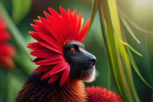 un rojo flor en el cabeza de un mono. generado por ai foto