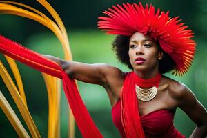 a woman in a red dress with a large red feather headpiece. AI-Generated photo