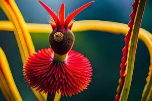 a red flower with a long stem and yellow leaves. AI-Generated photo