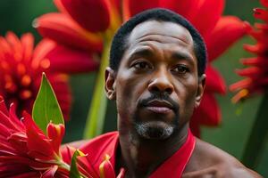 un hombre con un rojo camisa y flores generado por ai foto