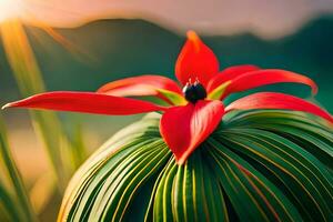 a red flower is in the foreground of a green plant. AI-Generated photo
