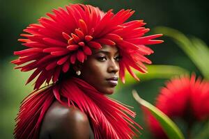 a woman with red flowers on her head. AI-Generated photo