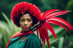 a woman with red flowers in her hair. AI-Generated photo