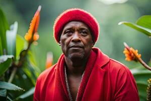 un hombre en un rojo sombrero y rojo Saco en pie en frente de algunos plantas. generado por ai foto