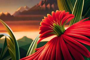 a red flower is in front of a mountain. AI-Generated photo