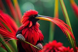 a bird with a long beak and red feathers. AI-Generated photo