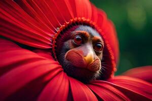 a monkey is peeking out of a red flower. AI-Generated photo