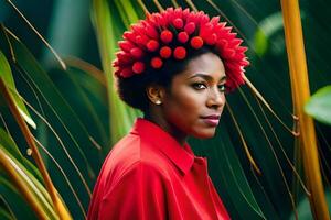 a woman wearing a red dress and a red headpiece. AI-Generated photo