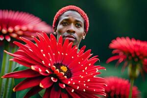 un hombre con rojo pelo en pie en frente de grande rojo flores generado por ai foto