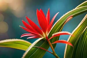 un rojo pájaro de paraíso flor en un verde planta. generado por ai foto