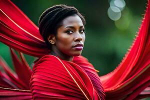 un mujer en rojo vestir con rojo plumas. generado por ai foto