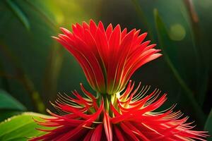 a red flower with green leaves in the sun. AI-Generated photo