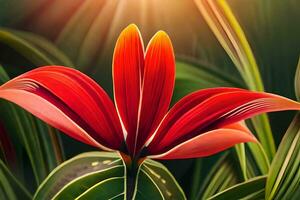 un rojo flor es mostrado en frente de verde hojas. generado por ai foto