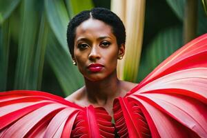 un mujer vistiendo un rojo vestir con grande rojo plumas. generado por ai foto