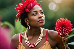 un hermosa mujer con rojo flores en su cabello. generado por ai foto