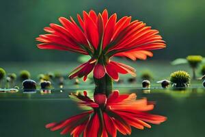 a red flower is reflected in the water. AI-Generated photo
