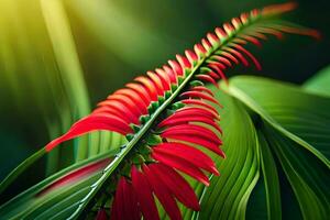 rojo flor en un tropical planta. generado por ai foto